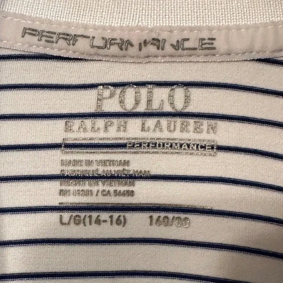 Polo Ralph Lauren Performance Boys L 14-16 White Navy Striped Short Sleeve Polo - Picture 6 of 11
